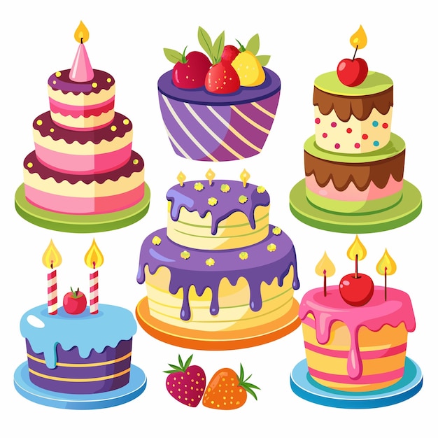 algumas variações são ilustradas com fundo branco com um bolo de aniversário