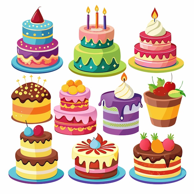 algumas variações são ilustradas com fundo branco com um bolo de aniversário
