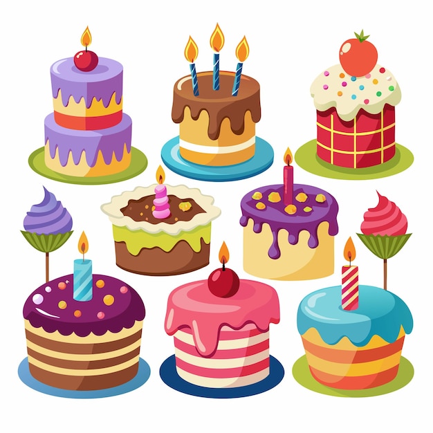 algumas variações são ilustradas com fundo branco com um bolo de aniversário