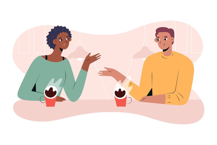 Vetor alguns bebem café e conversam sobre encontro no café