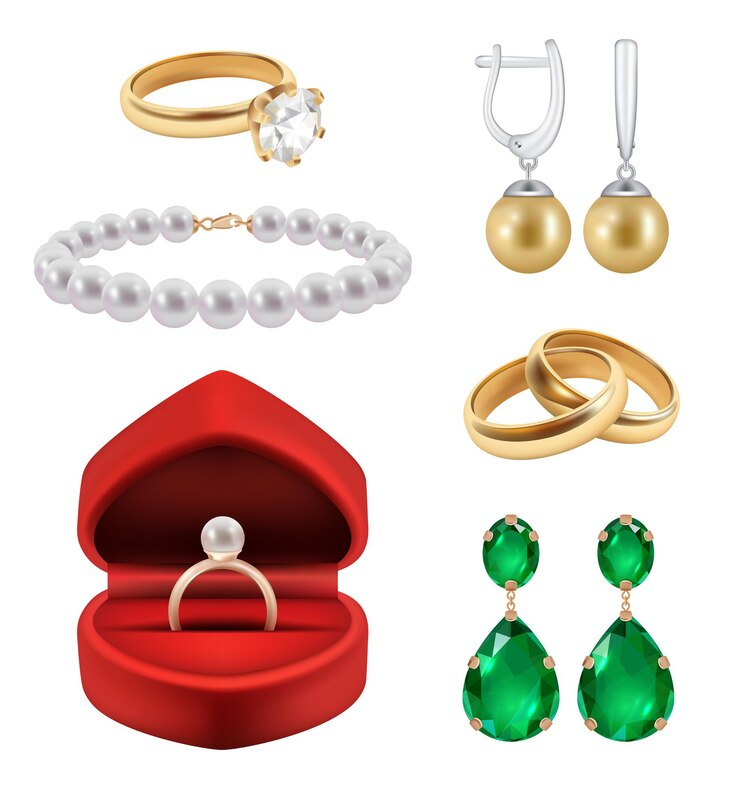 Vetor alianças de casamento realistas. conjunto de joias de ouro em pacote de presente com pedras de diamante.