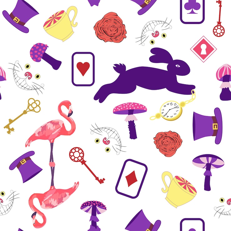Vetor alice no país das maravilhas padrão coelho cheshire gato flamingo cartões chapéu chaves copo cogumelos relógio