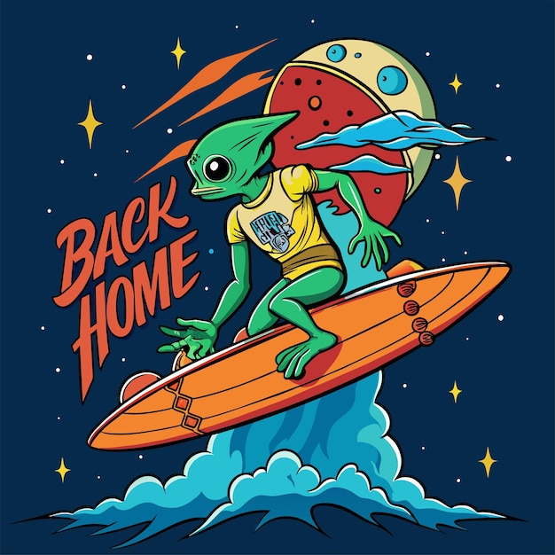 Vetor alien alien sofrendo na água com ufo de volta para casa texto adesivo de camiseta desgin