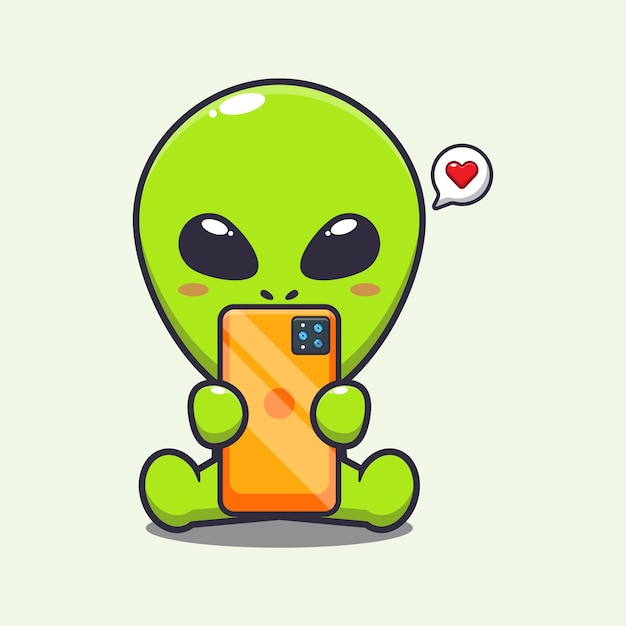 Alien bonito com ilustração vetorial de desenho animado de telefone.