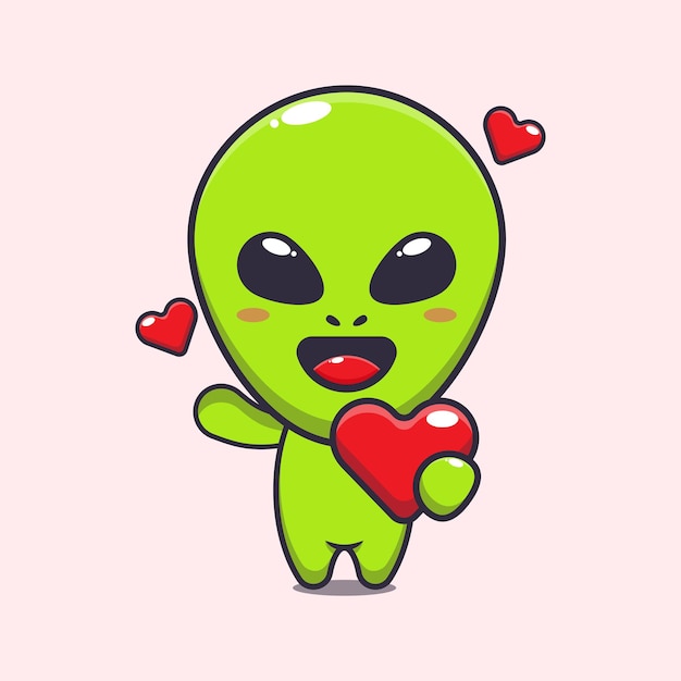 Alien bonito segurando coração de amor no vetor de desenho animado do dia dos namorados ilustração
