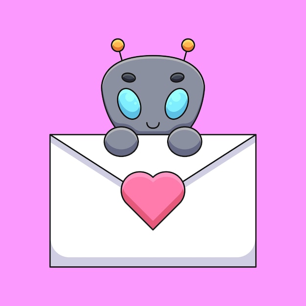 Alien bonito segurando uma carta de amor mascote dos desenhos animados doodle arte mão desenhada contorno conceito vetor ilustração ícone kawaii