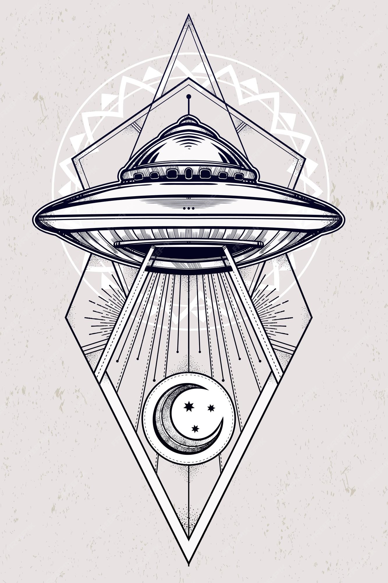 Alien nave espacial desenho geométrico fundo ufo com ícone de disco voador  conspiração conceito tatuagem arte ilustração vetor isolado