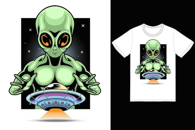 Alien pegando ilustração de ovni com vetor premium de design de camiseta