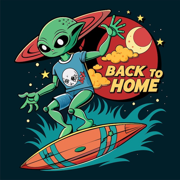 Vetor alien sofrendo na água com ufo de volta para casa texto adesivo de camiseta desgin