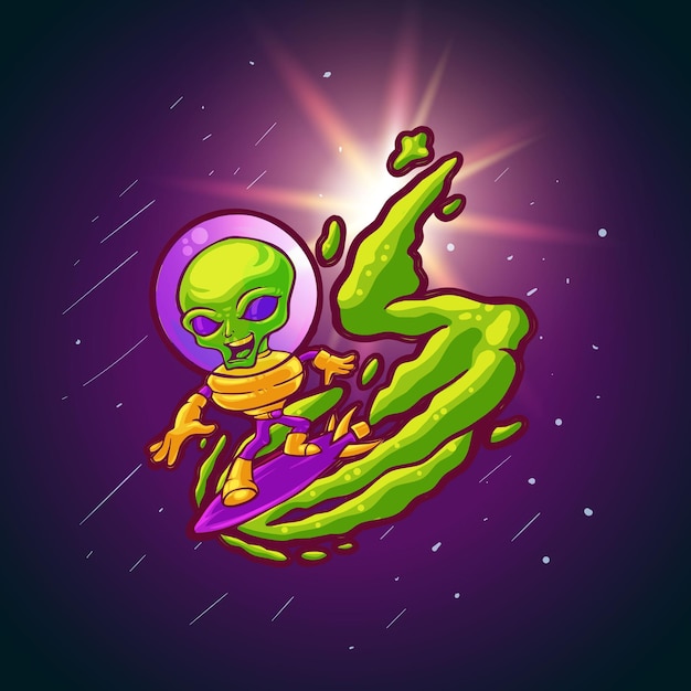 Alien surfando no espaço sideral vetor