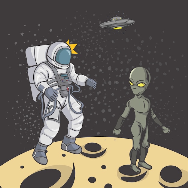 Alienígena e astronauta na ilustração vetorial do espaço lunar