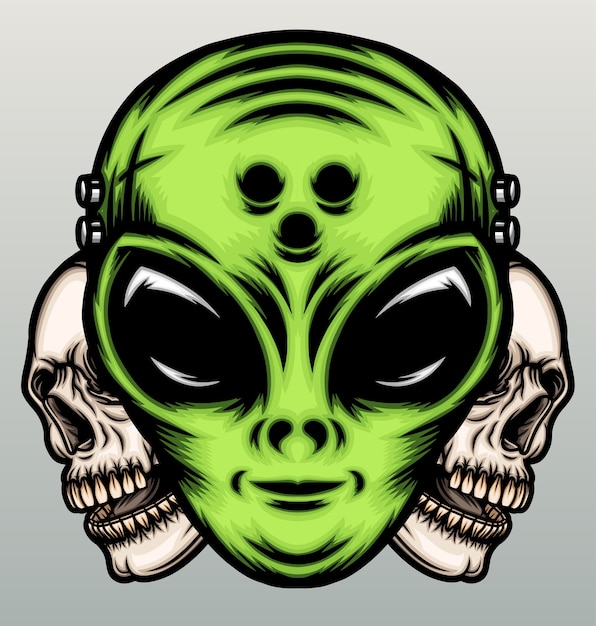 Alienígena verde com crânio humano desenhado à mão
