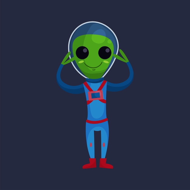 Vetor alienígena verde sorridente com olhos grandes, vestindo um traje espacial azul, de pé com os braços levantados, vetor de desenho animado alienígena positivo ilustração em um fundo azul escuro