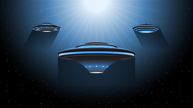 Vetor alienígenas em discos voadores no espaço escuro planeta fundo gradiente objeto voador não identificado ovni
