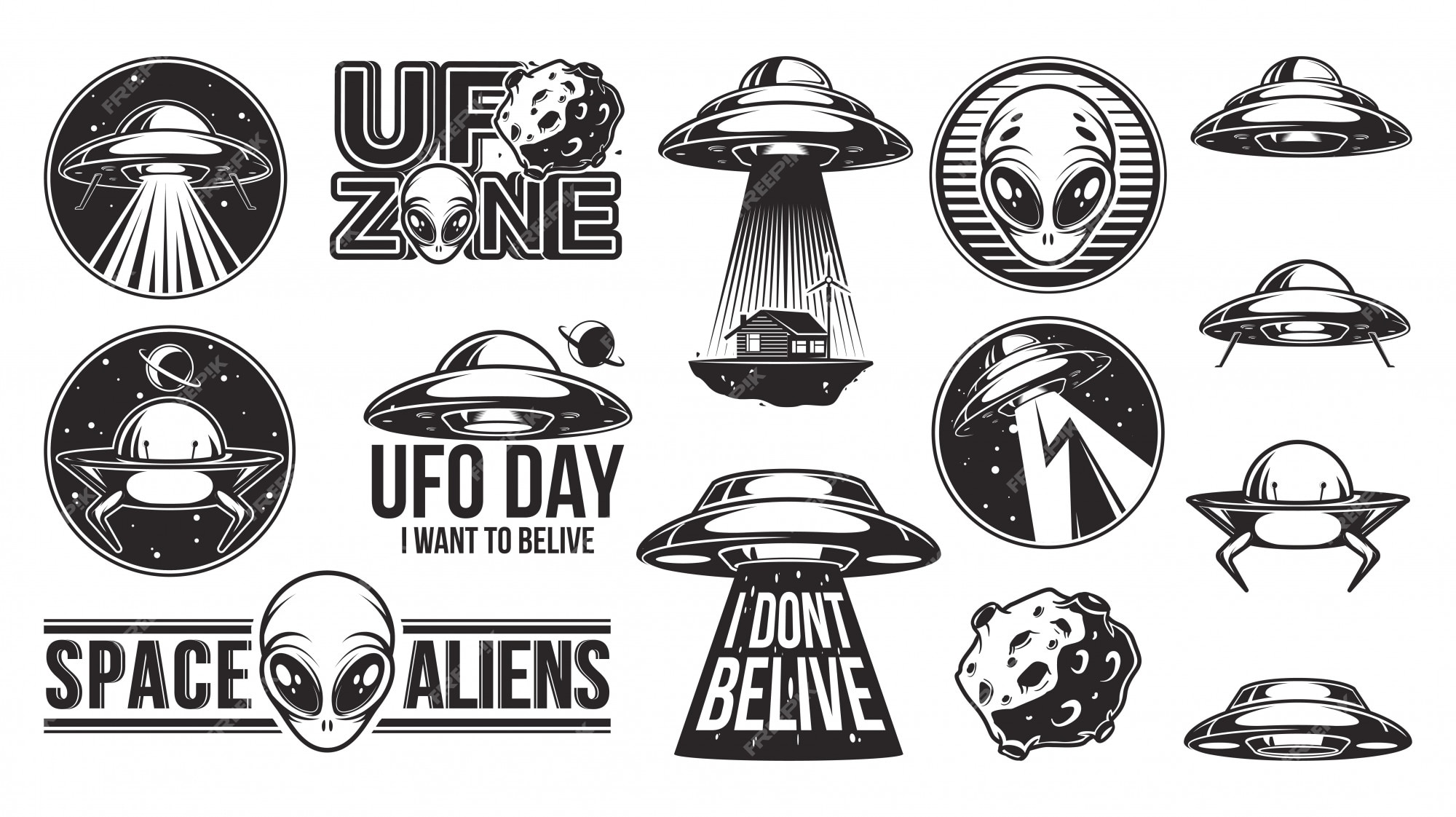 conjunto de logotipo de grandes alienígenas. dia ufo. emblemas coloridos  com naves espaciais. desenho vetorial 2197484 Vetor no Vecteezy