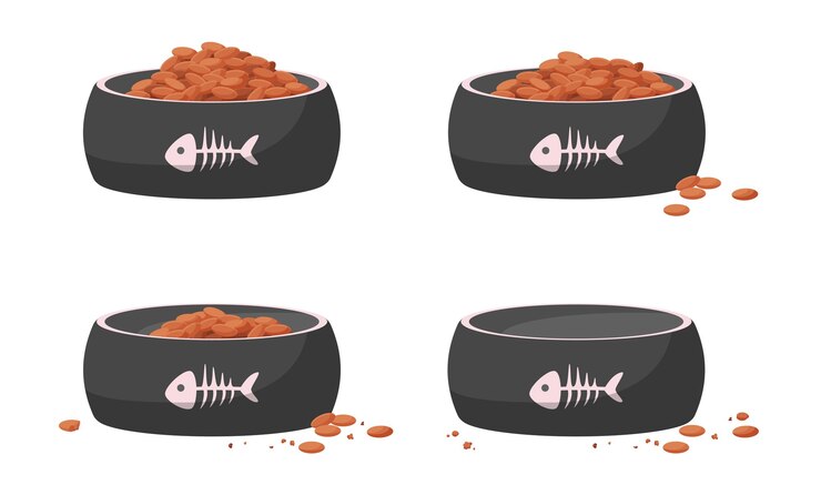 Vetor alimentação de animais de estimação comendo por gato faminto conjunto de sequência de jogo de animação com passos animados