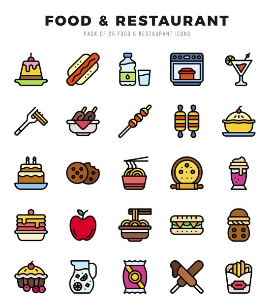 Alimentação e Restaurante Linear Coleção de ícones de cor 25 conjunto de íconos Ilustração vetorial