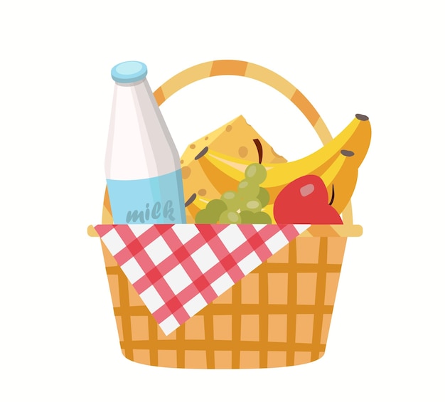 Alimentação para piquenique no conceito de cesta Uva e banana com maçã Garrafa de leite e queijo Estilo de vida ativo e lazer ao ar livre Ilustração vetorial plana de desenho animado isolada em fundo branco