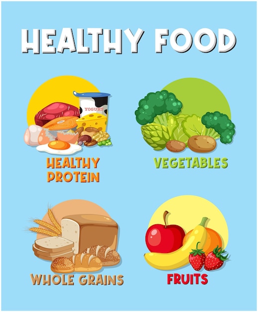 Vetor alimentação saudável com frutas, grãos, proteínas e legumes