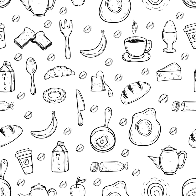 Alimentação saudável doodle preto e branco em padrão sem costura