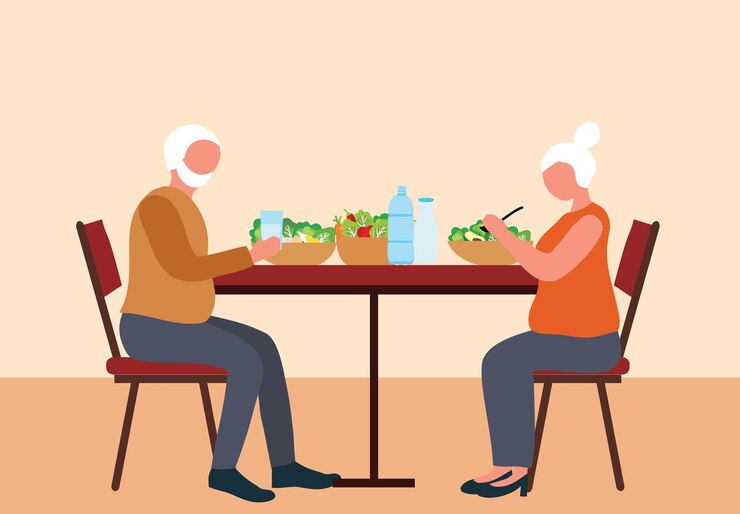 Vetor alimentação saudável para casais idosos conceito homem e mulher idosos a comer alimentos saudáveis cuidados com idosos