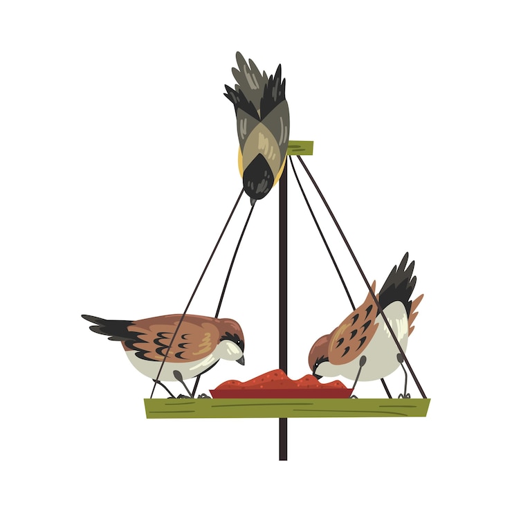 Vetor alimentador de aves de inverno com ilustração vetorial de pássaros do norte bonitos
