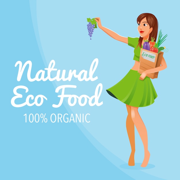 Vetor alimento natural de eco. 100% de alimentos orgânicos. comida saudável. menina com comida ecológica.