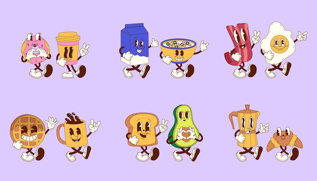 Alimentos de pequeno-almoço retrô Uma bonita ilustração de desenho animado