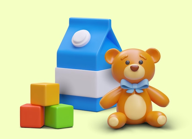 Alimentos e brinquedos para crianças 3d cubos de ursinho de pelúcia realistas e embalagem com leite para criança