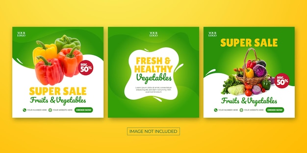 Vetor alimentos frescos saudáveis banner anúncios quadrados banner desconto