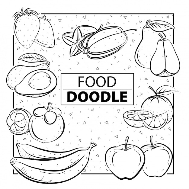 Vetor alimentos frutas doodle símbolo e objeto, linha artística