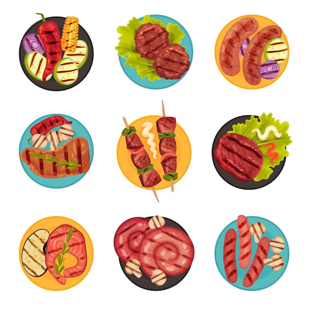 Vetor alimentos grelhados com carne e legumes descansados no prato set de vetores de visualização superior