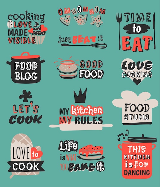 Vetor alimentos logotipo restaurante vintage projeto cozinhar citação texto frases distintivo rótulo ícone e mão desenhada s ...