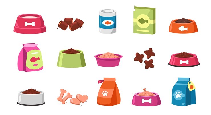 Vetor alimentos para animais de estimação refeição seca para cães e gatos estilo desenho animado tigela colorida recipiente de pacote com guloseimas animais domésticos variedade de alimentação vector conjunto plano
