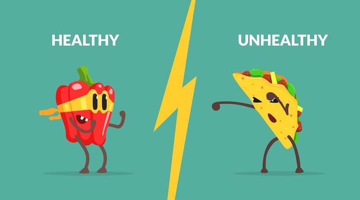 Vetor alimentos saudáveis contra alimentos não saudáveis banner template pimenta forte personagem lutando com tako alimentação saudável contra fast food ilustração vetorial design web