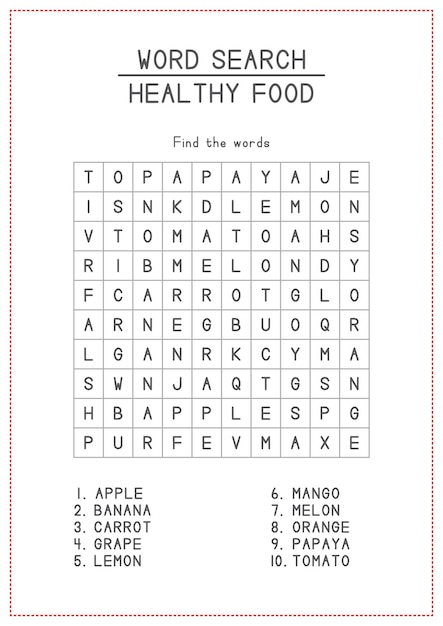 Vetor alimentos saudáveis tema pesquisa de palavras para crianças atividade