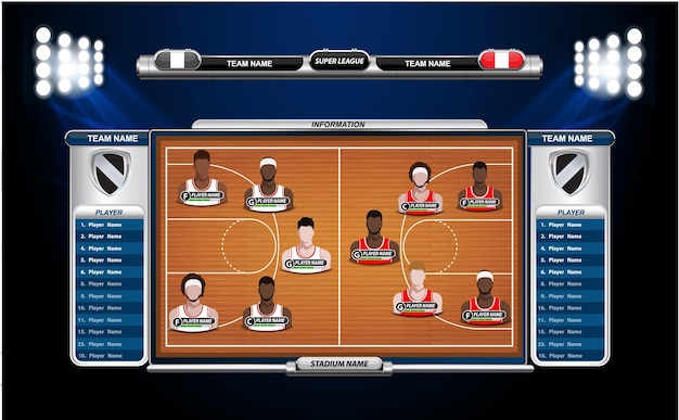 Alinhamento de jogadores de basquete e quadra de basquete com conjunto de elementos infográficos
