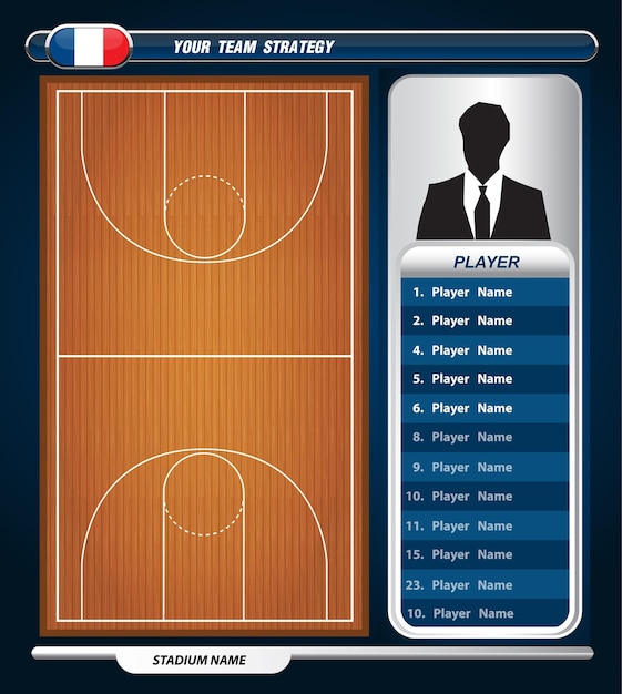 Alinhamento de jogadores de basquete e quadra de basquete com conjunto de elementos infográficos