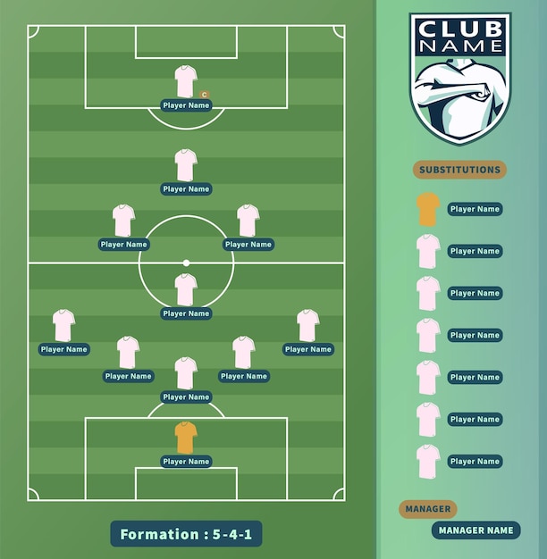 Vetor alinhamentos de futebol jogadores de futebol 5 4 1 esquema de formação em uma ilustração de campo de futebol