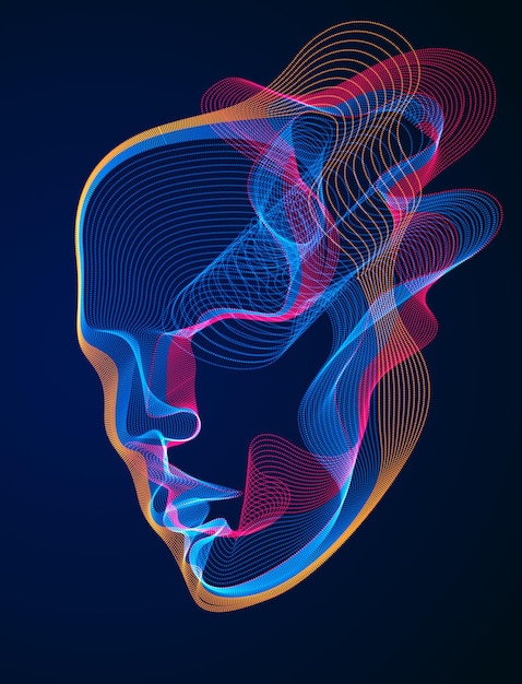 Alma digital da máquina, visualização de software de Inteligência Artificial da cabeça humana feita de partículas pontilhadas que fluem matriz de linhas de onda. Período de evolução da era técnica.