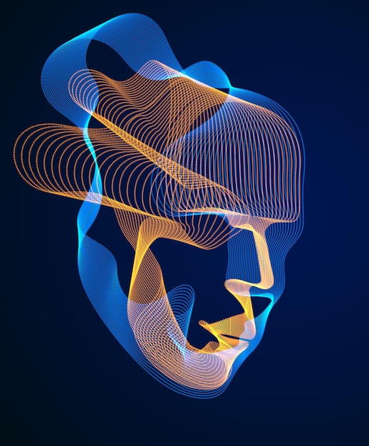 Alma digital da máquina, visualização de software de Inteligência Artificial da cabeça humana feita de partículas pontilhadas que fluem matriz de linhas de onda. Período de evolução da era técnica.