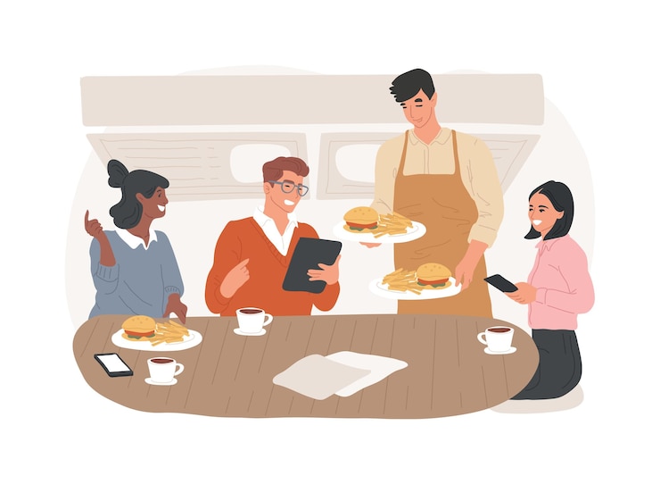 Vetor almoço com colegas ilustrações de desenhos animados isolados