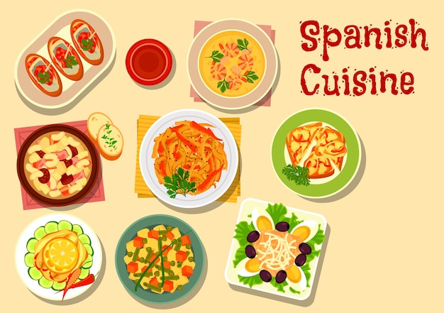 Almoço de cozinha espanhola com tapas de cebola, sanduíche de peixe, legumes grelhados, sopa de camarão, salada de batata, salada de sardinha, sopa de feijão com linguiça, salada de atum com ovo