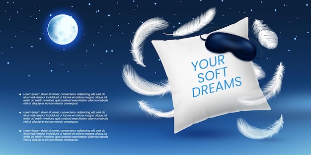 Almofada de sono 3D Cama de conforto Sonho com pena e máscara Almofa de noite macia Produto de algodão realista para quarto Céu estrelas e lua Relaxamento noturno Conceito de design vetorial