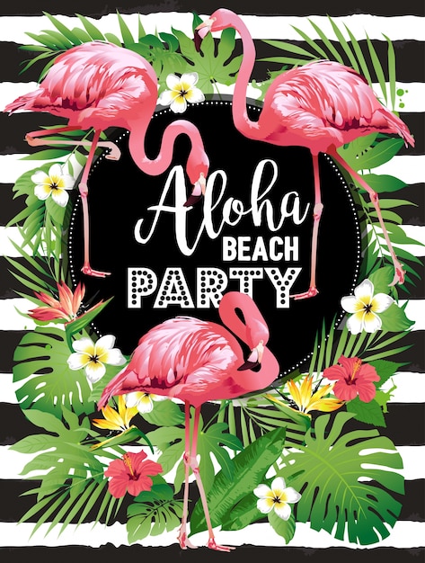 Aloha beach party festa havaiana. ilustração do vetor de pássaros tropicais, flores, folhas.