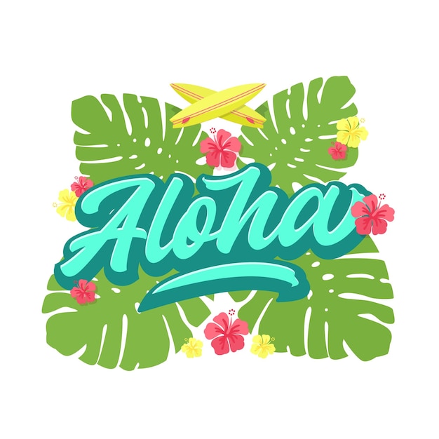 Aloha praia lettering modelo de cartão de rótulo de sinal tropical de verão havaiian monstera folhas de palmeira hibisco e pranchas de surf ilustração decorativa de estilo plano isolado