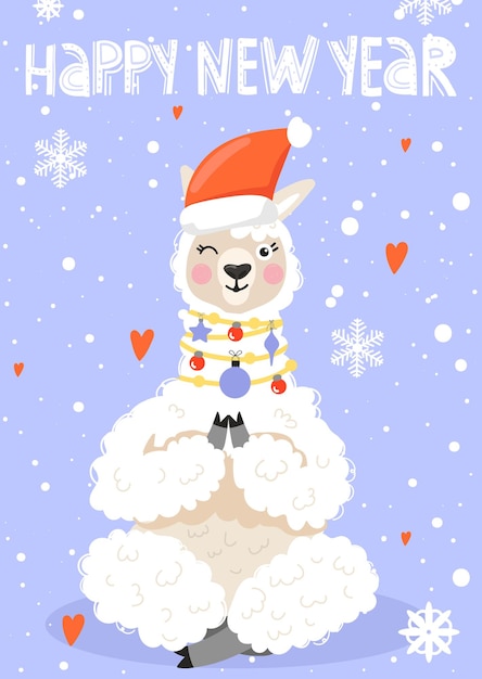 Vetor alpaca bonito dos desenhos animados em pose de ioga com chapéu de papai noel