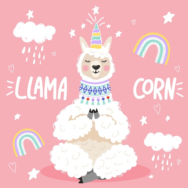 Alpaca de desenho animado bonito com uma frase inspiradora de letras de chifre de unicórnio Llamacorn