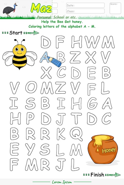 Vetor alphabet maze jogo de aprendizagem do alfabeto a a m com desenho animado de abelha