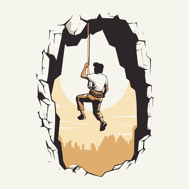 Vetor alpinista escalando através de um buraco na parede ilustração vetorial